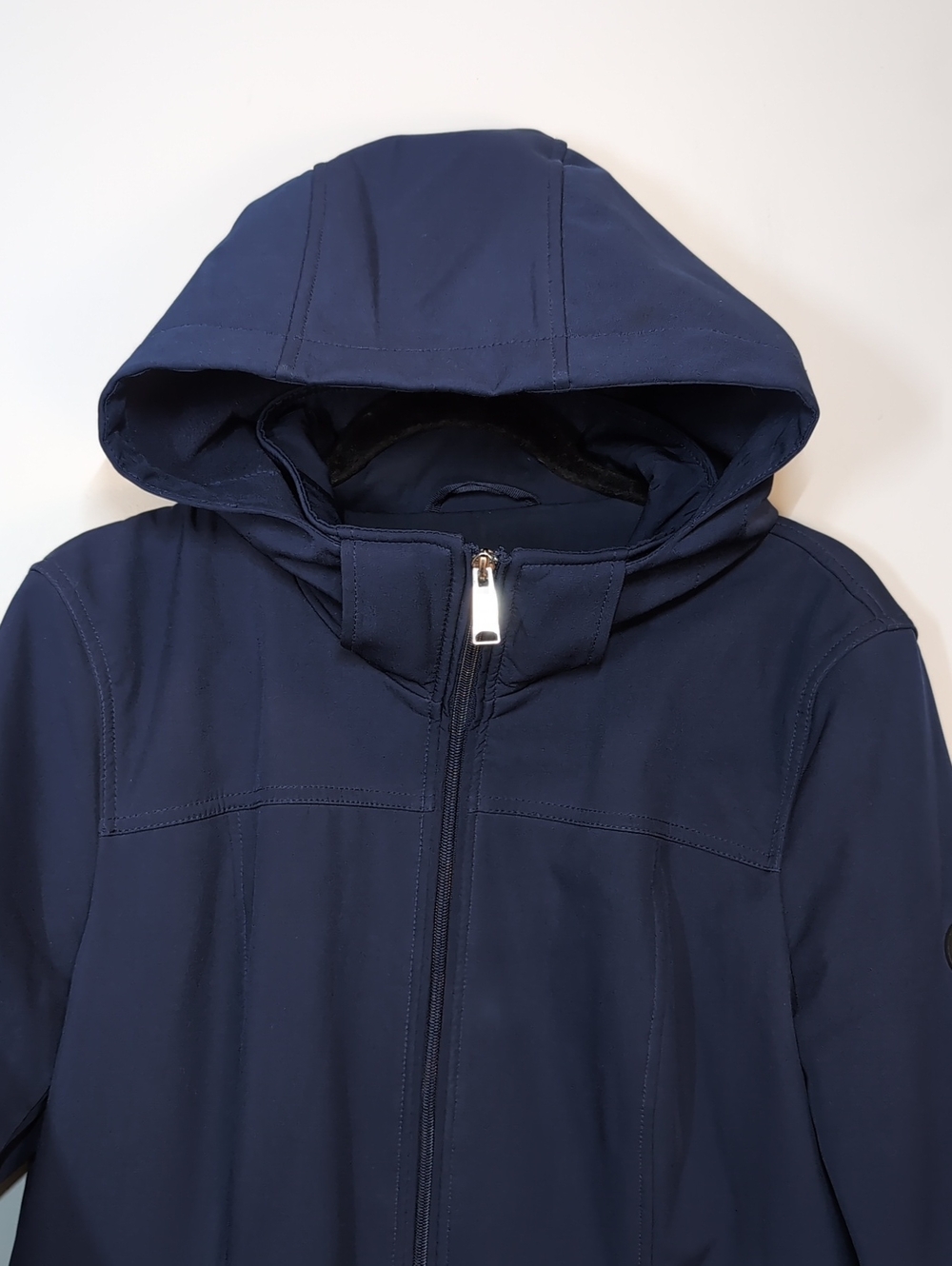 Andrew Marc Navy Softshell Jacket Hooded Fleece Lined Womens Size Large Stretch - Picture 3 of 16